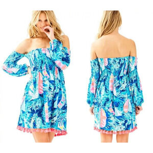 Lilly Pulitzer Trina Beach Dress XS *Missing Size Tag Blue Smocked Sailboat EUC